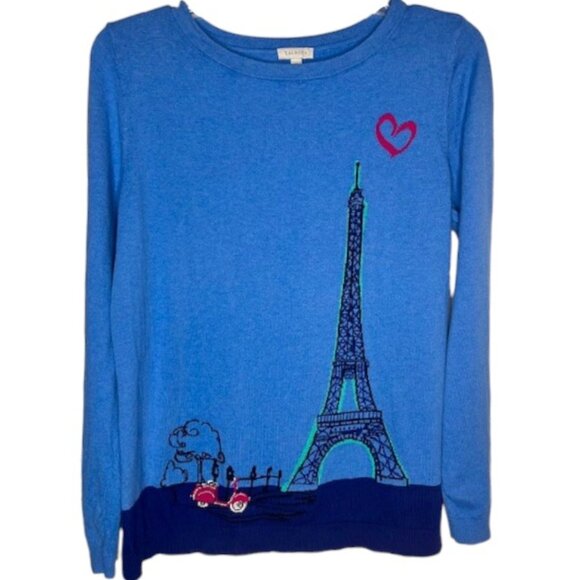 Talbots 100% Cotton Knit Intarsia Sweater Eiffel Tower Motorbike - Blue - S - Picture 1 of 10